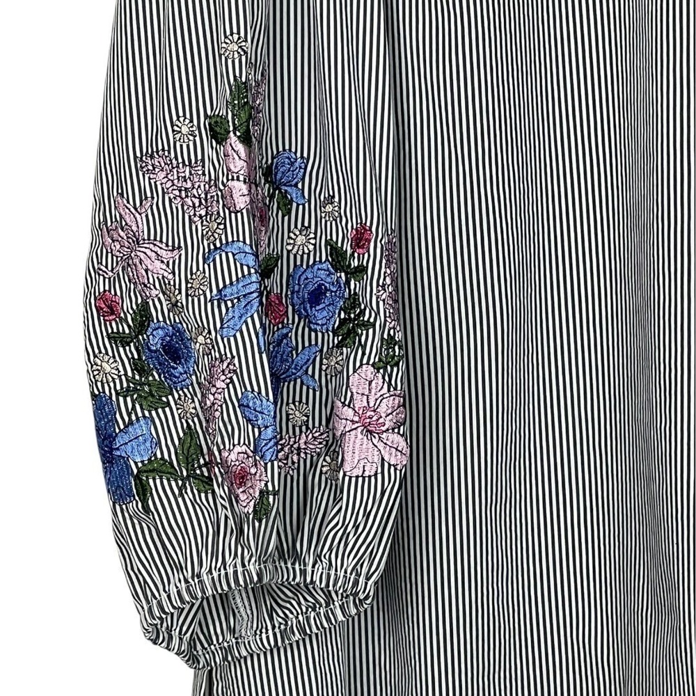 Liz Claiborne Blouse Womens XXL Black White Good Striped Floral Embroidered Puff - Picture 4 of 12